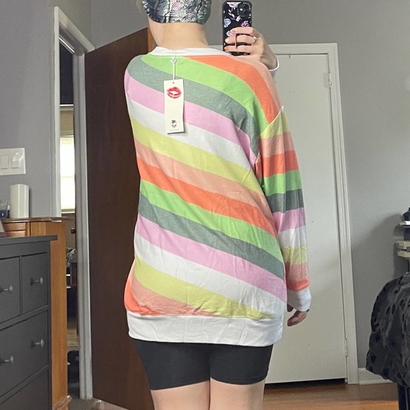 WILDFOX Road Trip Striped Vintage Varsity Fabric Long Sleeve Sweater Rainbow - Picture 8 of 11